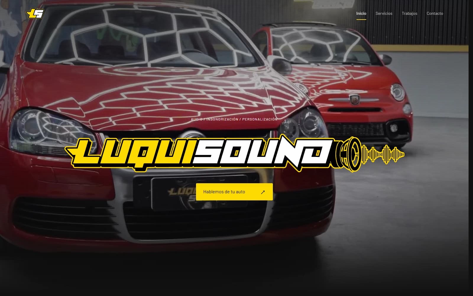 Sitio de Luquisound con su logotipo, identidad amarilla y negra e imágenes del taller