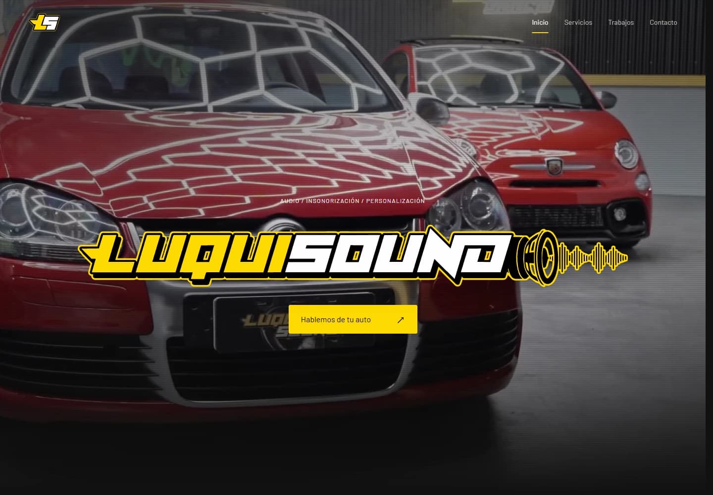 Inicio del sitio de Luquisound en escritorio, con el logotipo y una imagen del trabajo en el taller
