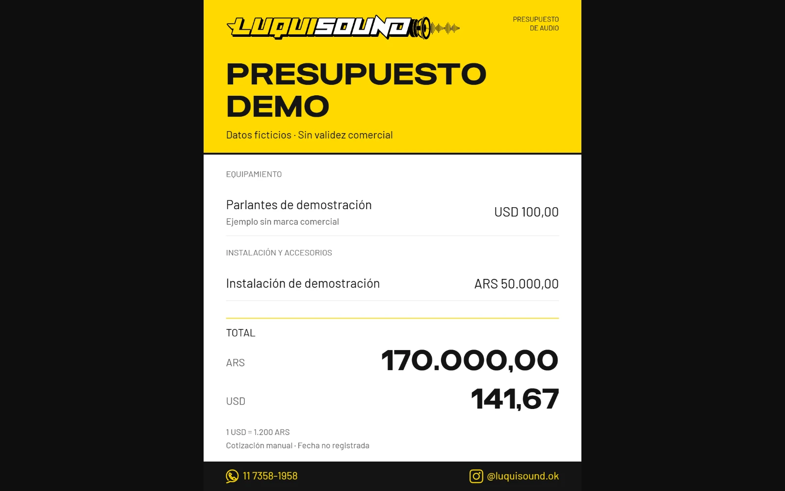 Exported Luquisound quotation with fictional items and totals, presented in a dark frame