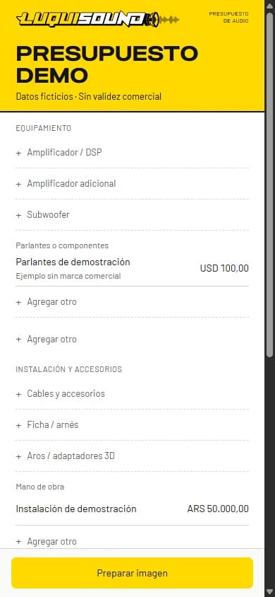 Luquisound internal quotation tool on a phone, with fictional items in a demonstration proposal
