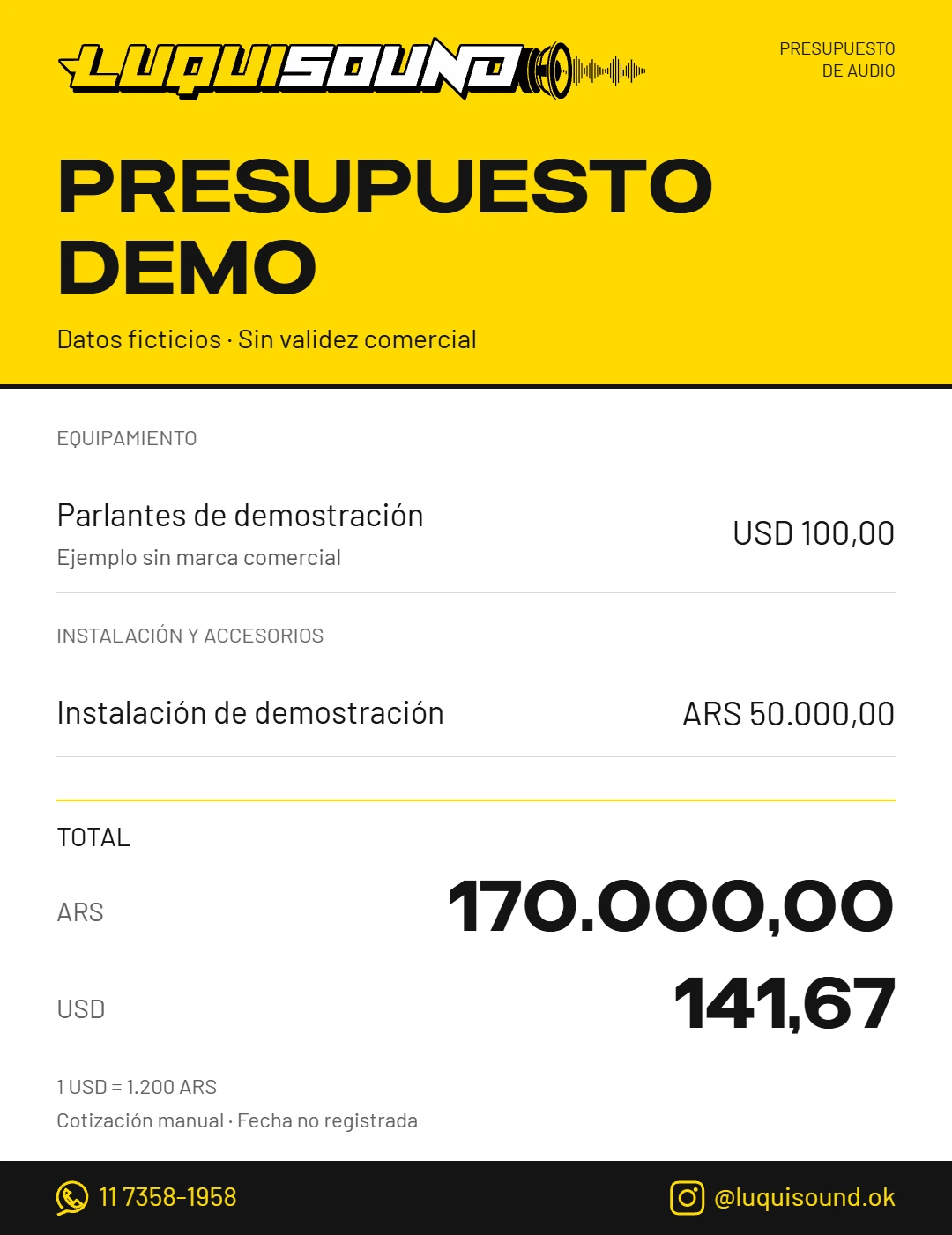 Exported Luquisound quotation with demonstration equipment, installation, subtotals, and totals in pesos and dollars