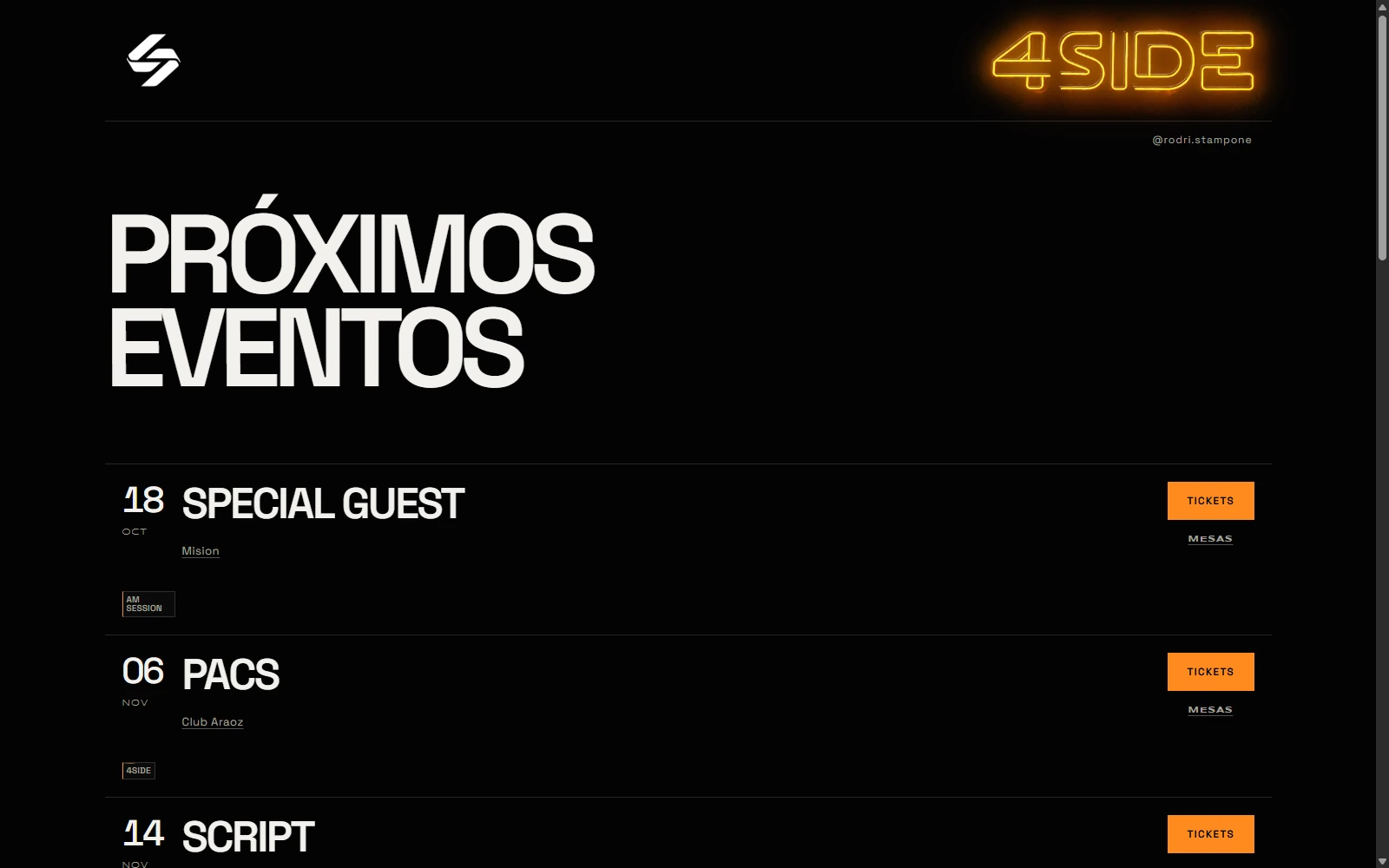 Rodrigo Stampone's landing page with 4SIDE branding and the events schedule