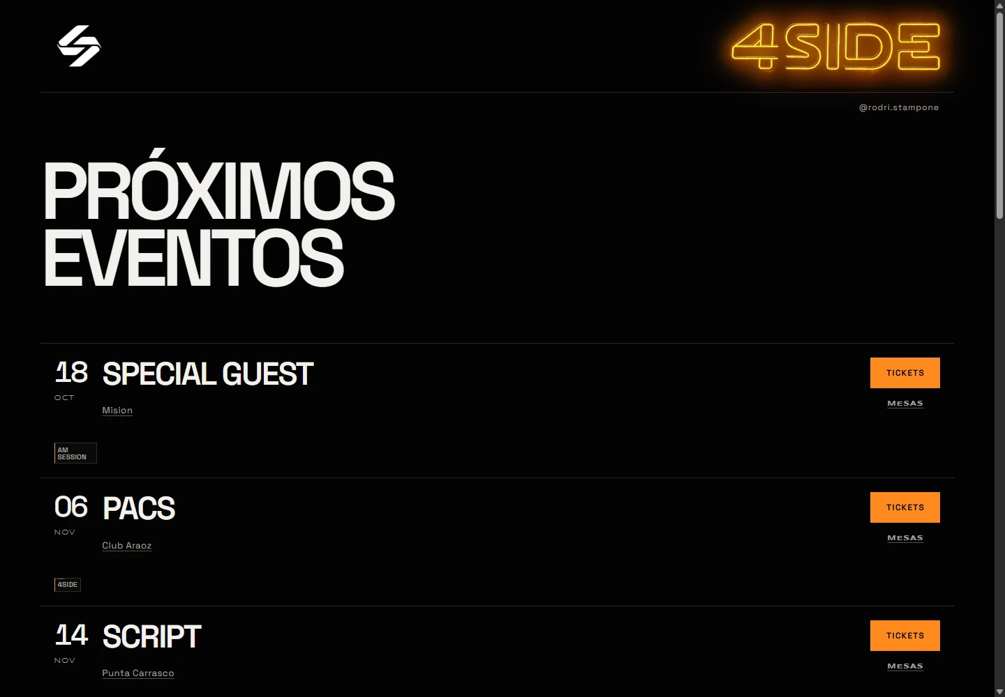 Rodrigo Stampone's desktop landing page showing the schedule and event actions