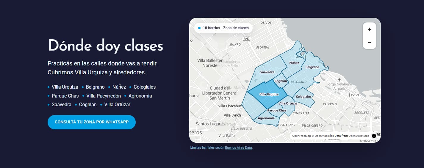 Desktop view of the lesson area, with ten neighbourhoods listed beside a map