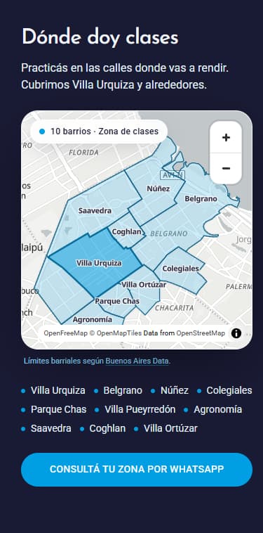 Mobile view of the lesson area, with the map, a list of ten neighbourhoods and a contact button