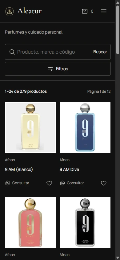 Catálogo de Aleatur en celular, con búsqueda y tarjetas de productos