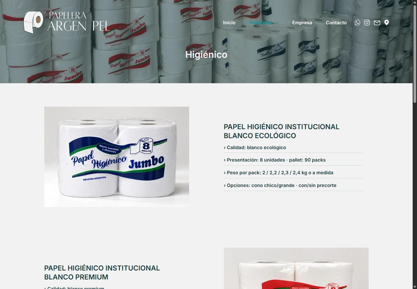 Catálogo de papel higiénico de ARGEN PEL en escritorio, con fotografías y fichas de producto