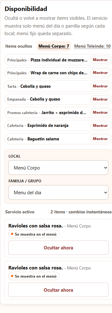 Panel de disponibilidad en celular, con selección de local y botones para mostrar u ocultar platos
