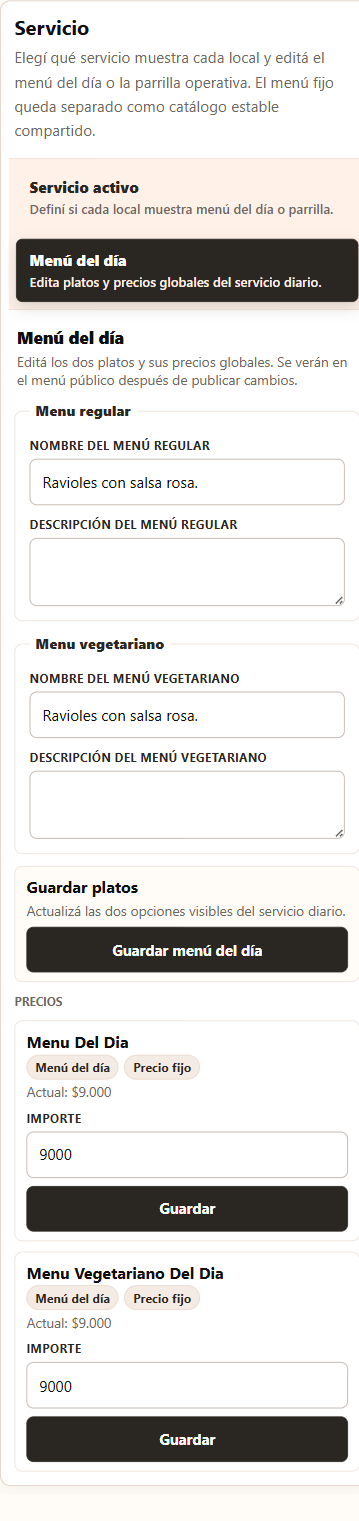 Panel del menú del día en celular, con campos para las opciones regular y vegetariana y sus precios