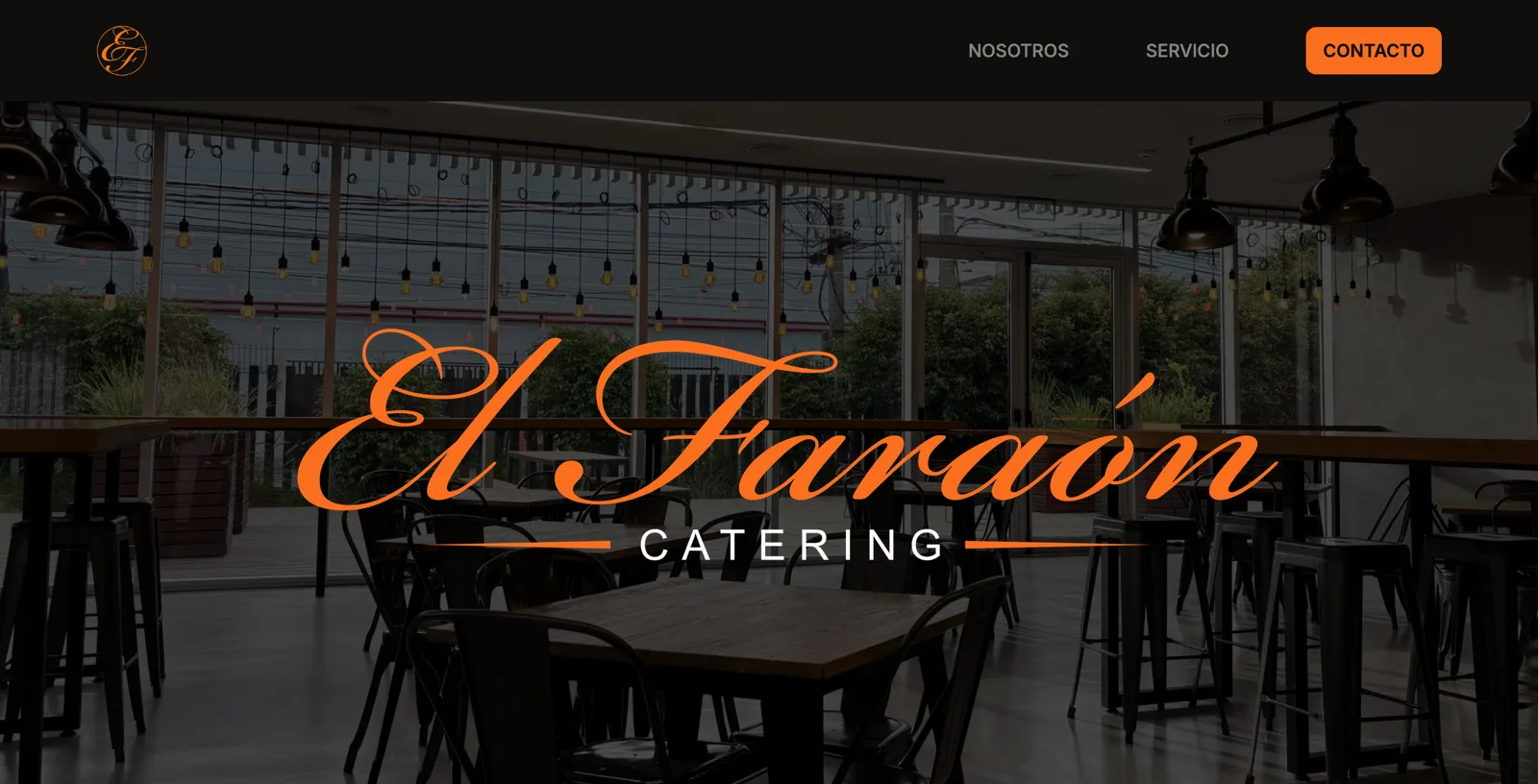 Home de El Faraón Catering, con el logotipo caligráfico en naranja sobre una foto del comedor