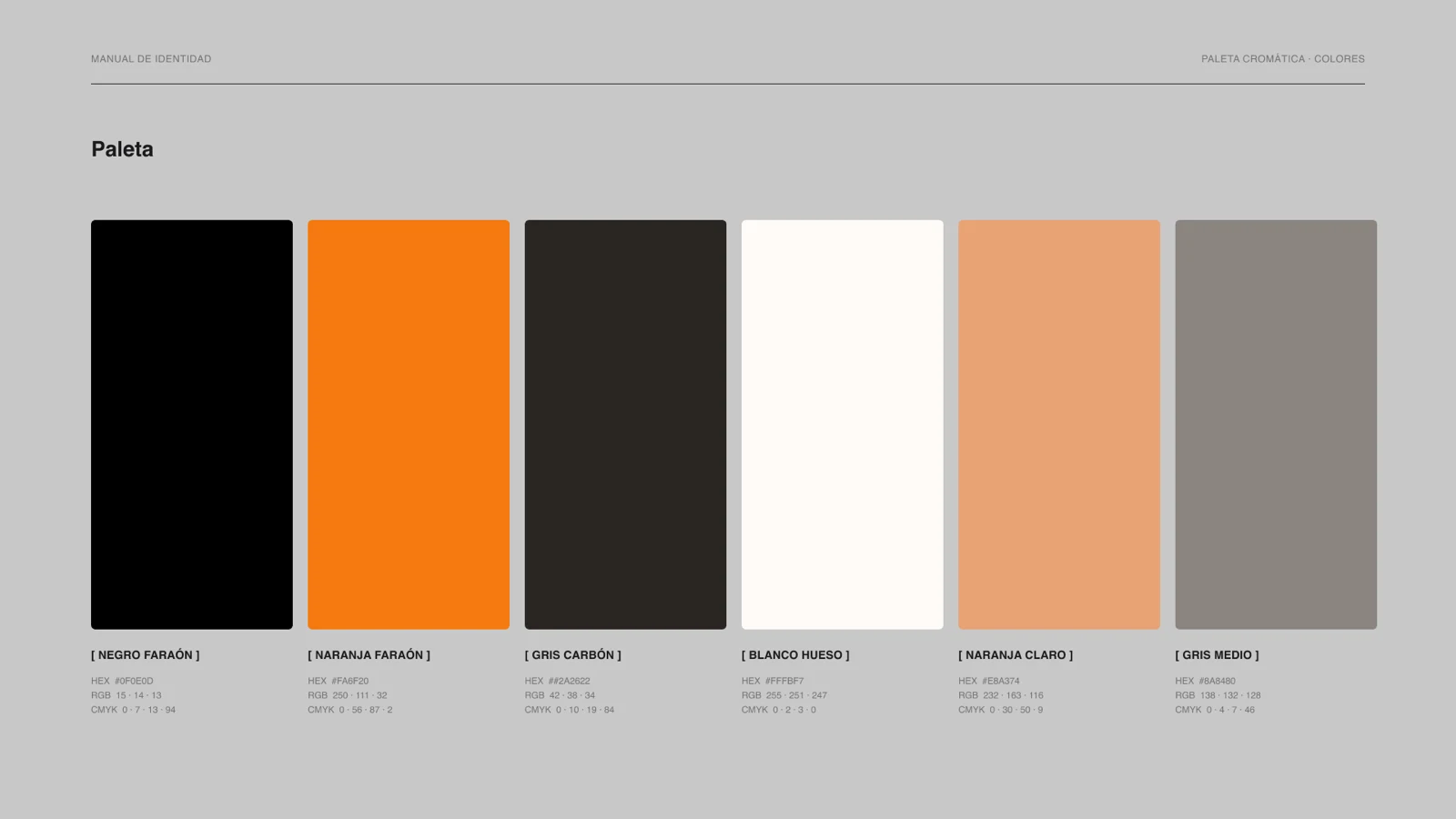 Paleta cromática del manual de identidad, con seis colores y sus valores HEX, RGB y CMYK
