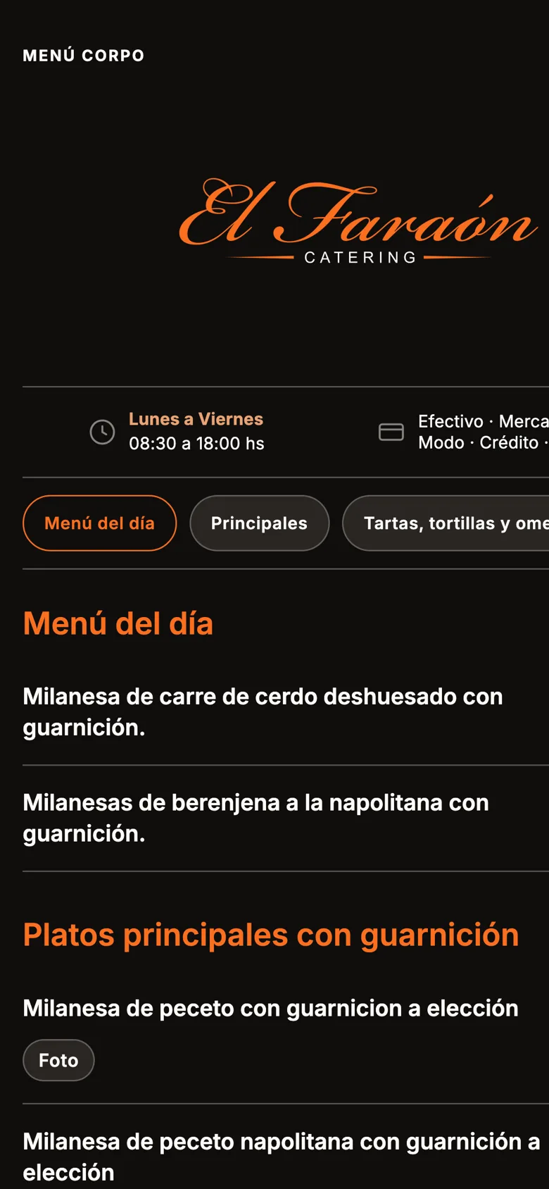 El menú del día abierto en un celular, con los platos, sus precios y los filtros por categoría