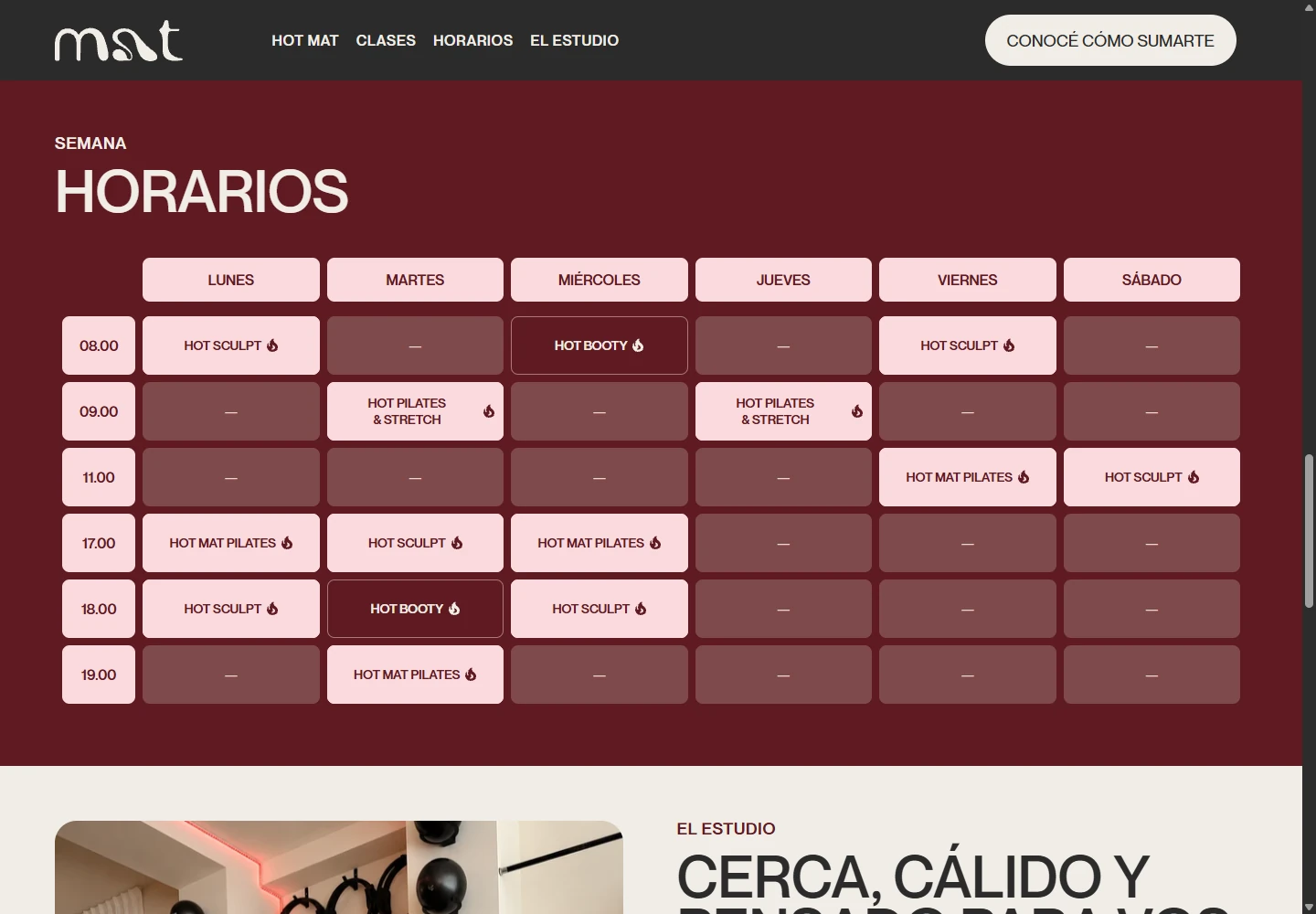 Tabla semanal de horarios de MAT Pilates en escritorio, con clases organizadas por día y hora